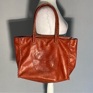 Artisanal Earthy Cognac Laser-cut Mandala Leather Shoulder Bag Braided Details